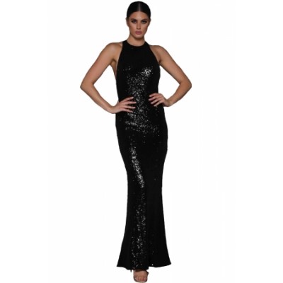 Black Crossover Low Back Sequin Gown
